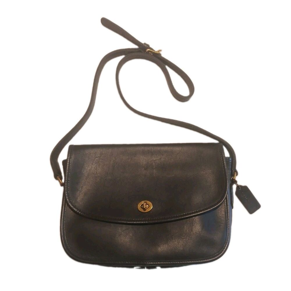 Vtg Coach 9790 Black City Shoulder Cross Body Bag Leather Brass Turn Lock USA